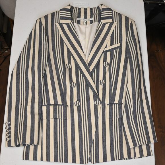 Veronica Beard Millar Blazer Size Medium Blue Cream Striped Linen Blend - Picture 2 of 11